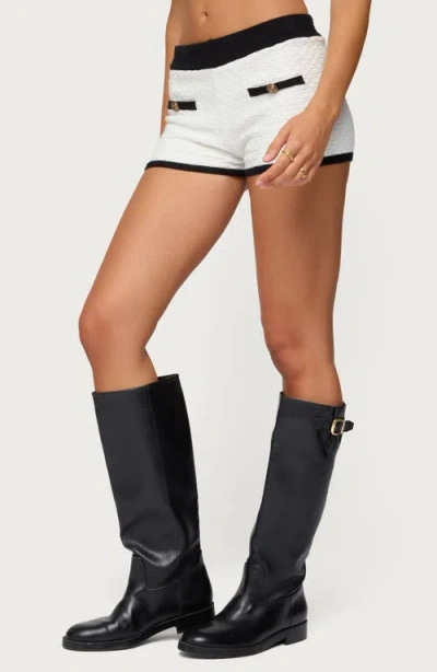 Edikted Mara Textured Contrast Trim Knit Shorts In White