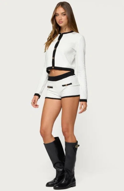 Edikted Mara Textured Contrast Trim Knit Shorts In White