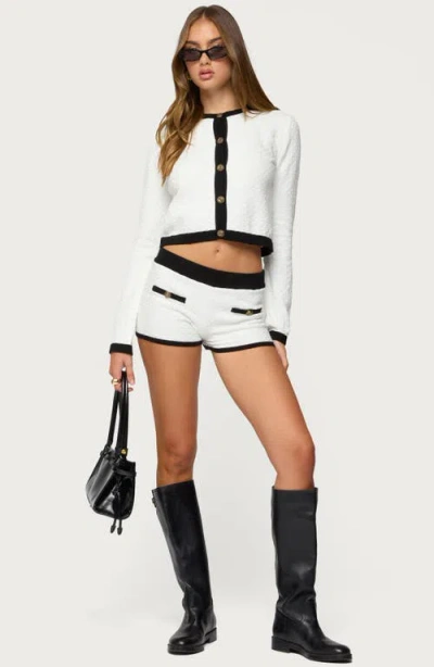 Edikted Mara Textured Contrast Trim Knit Shorts In White