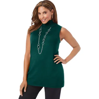 Jessica London Cotton Cashmere Sleeveless Turtleneck Shell In Green