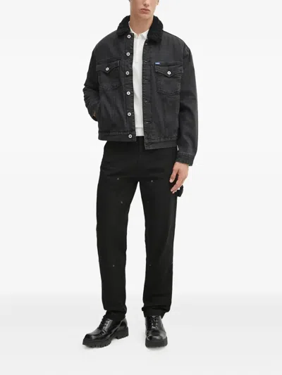 Hugo Boss Dex Stone Wash Denim Trucker Jacket With Fleece Collar In Black