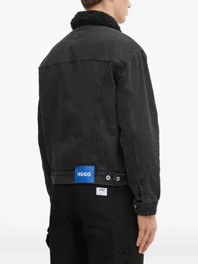 Hugo Boss Dex Stone Wash Denim Trucker Jacket With Fleece Collar In Black