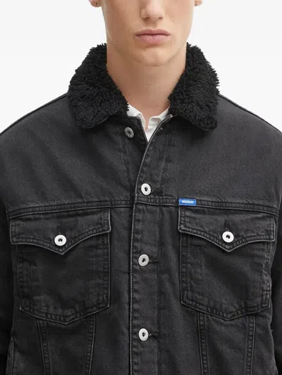 Hugo Boss Dex Stone Wash Denim Trucker Jacket With Fleece Collar In Black