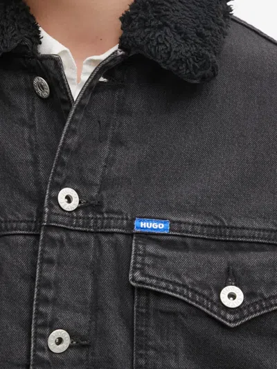 Hugo Boss Dex Stone Wash Denim Trucker Jacket With Fleece Collar In Black