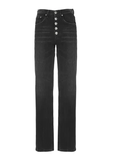 Dondup High-waisted Wide-leg Jeans With Decorative Button Fly In Black