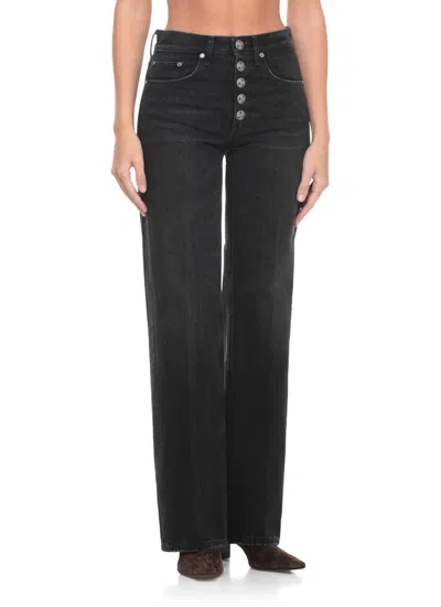 Dondup High-waisted Wide-leg Jeans With Decorative Button Fly In Black