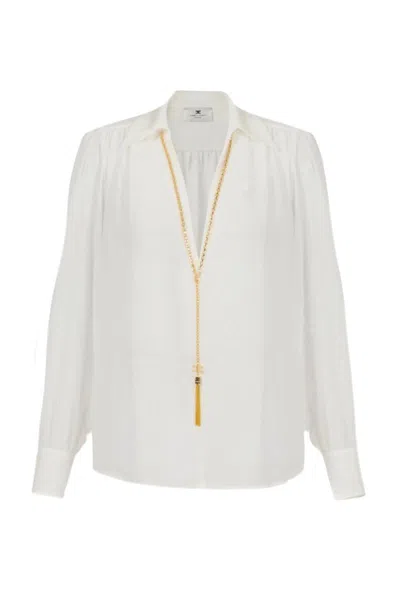 Elisabetta Franchi Chic Long Sleeve Sheer Top With Chain In White