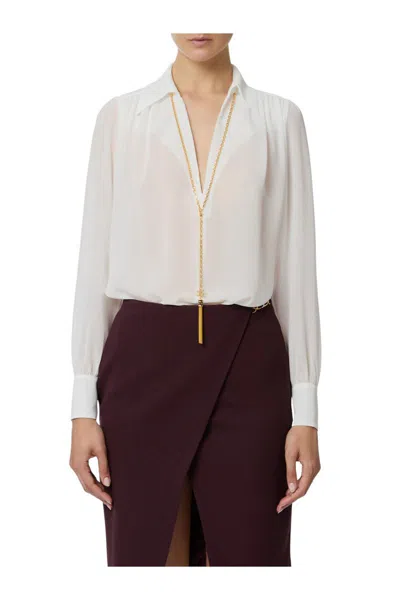 Elisabetta Franchi Chic Long Sleeve Sheer Top With Chain In White