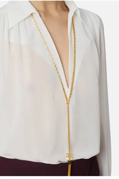 Elisabetta Franchi Chic Long Sleeve Sheer Top With Chain In White