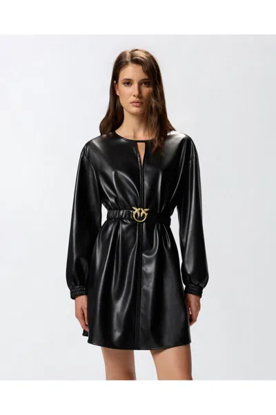 Pinko Short Black Leather-effect Dress In Black