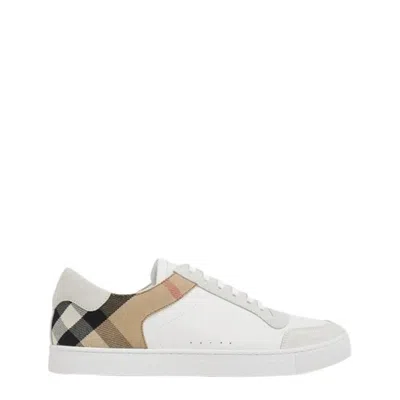 Burberry Check Motif Leather Sneakers In White