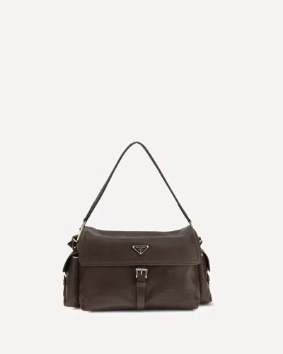 Prada Large Leather Shoulder Bag Flap In Brown