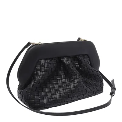 Themoirè Tia Black Clutch Bag With Woven Straw Motif And Shoulder Strap In Black