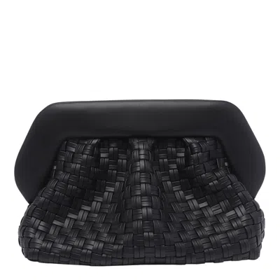 Themoirè Tia Black Clutch Bag With Woven Straw Motif And Shoulder Strap In Black