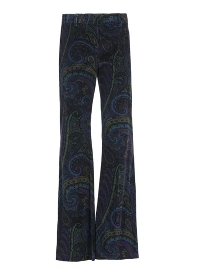 Etro Paisley-print Flared Viscose Trousers In Blue