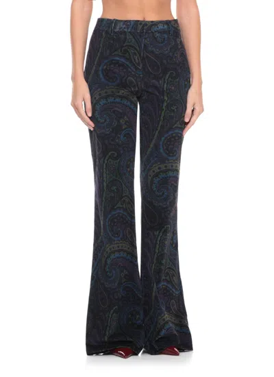 Etro Paisley-print Flared Viscose Trousers In Blue