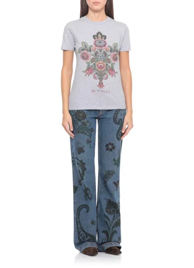 Etro Floral Crew Neck Short Sleeve Top In Gray