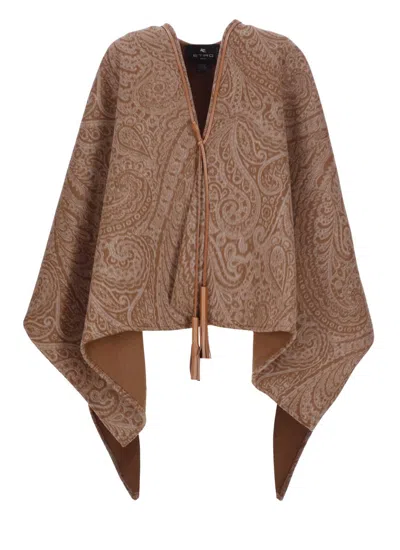 Etro Leather-trimmed Paisley-print Wool-blend Poncho In Multi