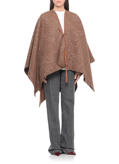 Etro Leather-trimmed Paisley-print Wool-blend Poncho In Multi