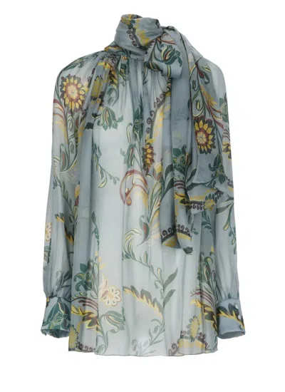 Etro Floral Long Sleeve Loose Fit Top In Blue