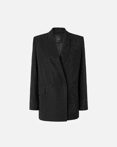 Pinko Oversized Double-breasted Blazer With Rhinestones In Black