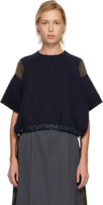 Sacai Oversized Technical Cotton T-shirt With Adjustable Drawstring Hem In Blue