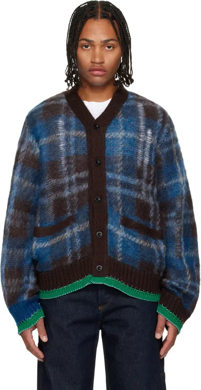 Sacai Check Mohair Knit Cardigan In Blue