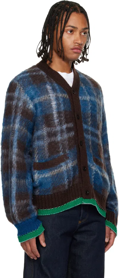 Sacai Check Mohair Knit Cardigan In Blue