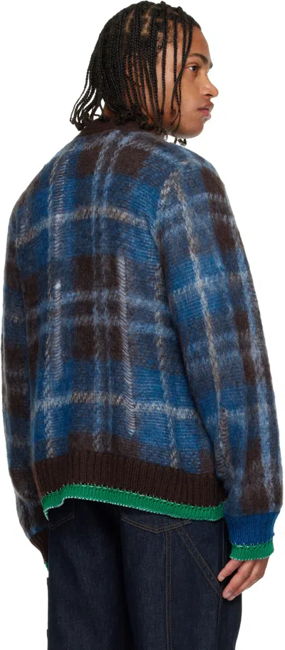 Sacai Check Mohair Knit Cardigan In Blue
