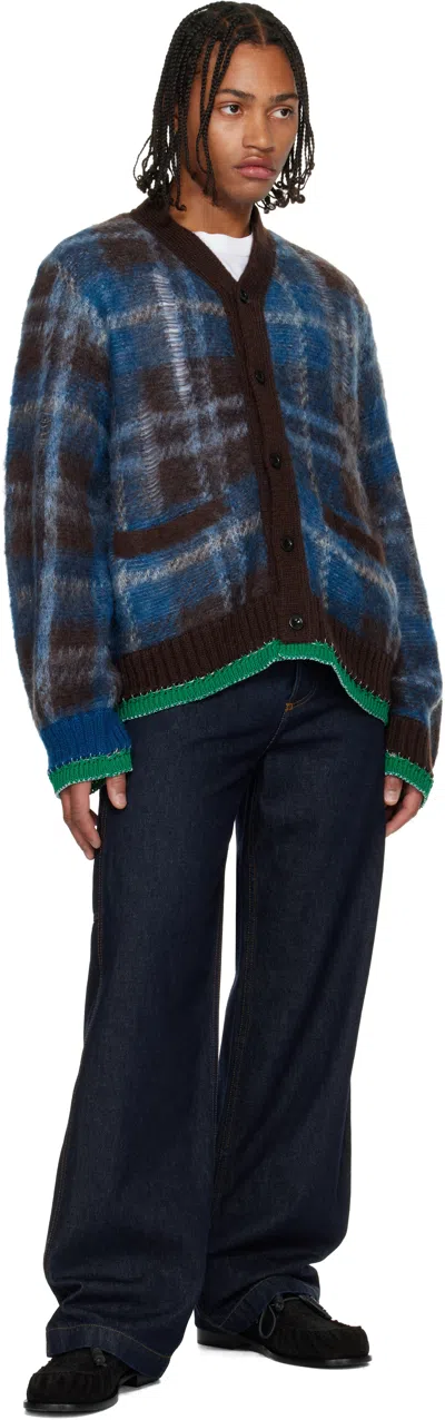 Sacai Check Mohair Knit Cardigan In Blue