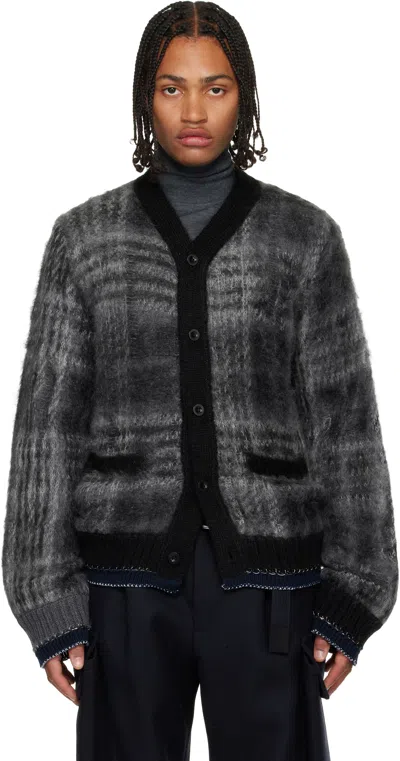 Sacai Gray Plaid Mohair Knit Cardigan In Black