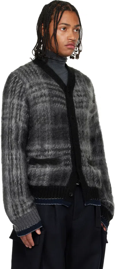 Sacai Gray Plaid Mohair Knit Cardigan In Black