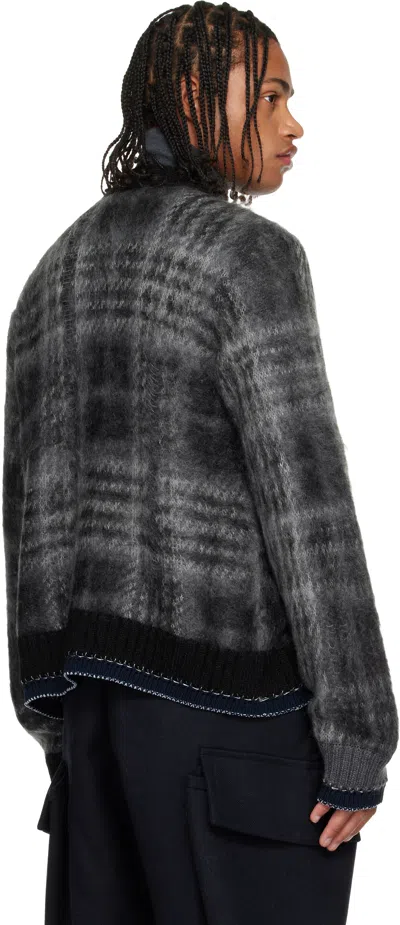 Sacai Gray Plaid Mohair Knit Cardigan In Black