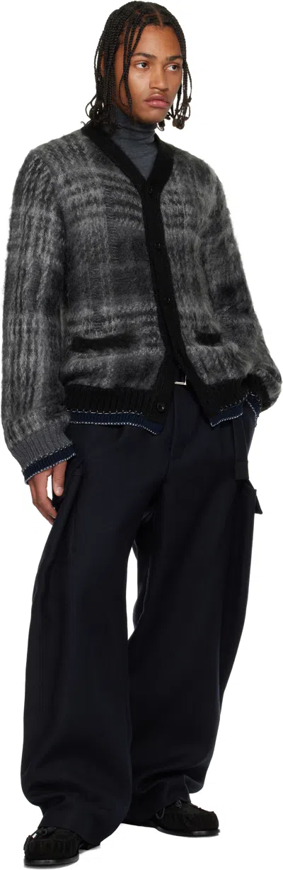 Sacai Gray Plaid Mohair Knit Cardigan In Black