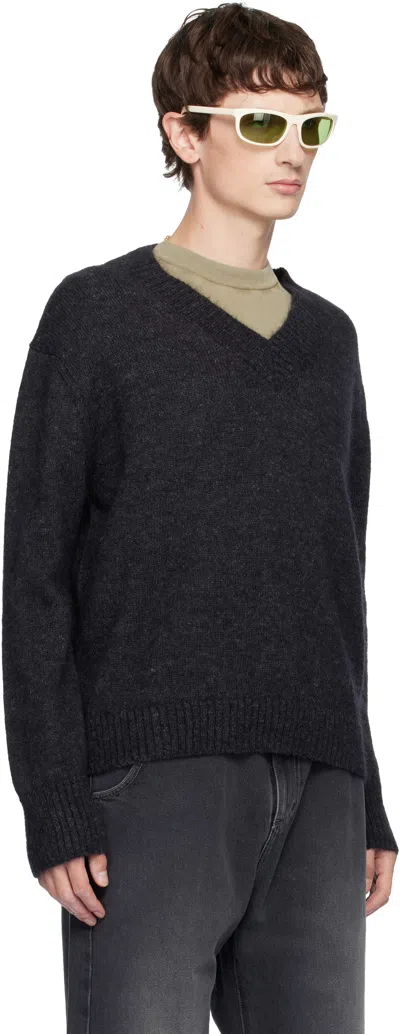 Second / Layer Gray Vexed V-neck Sweater In Black