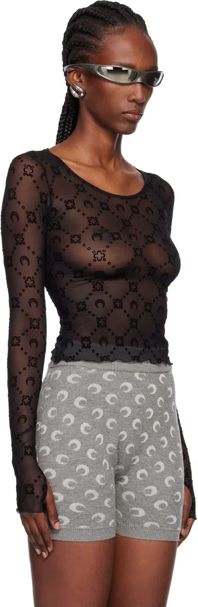 Marine Serre Black Moonogram Mesh Flock Ls Cropped Top In Black