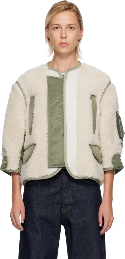 Sacai Beige & Khaki Faux-shearling & Nylon Twill Jacket In White