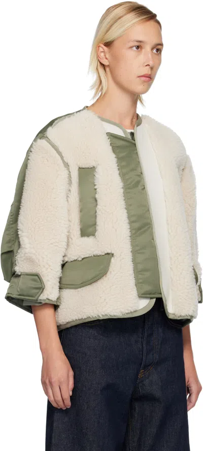 Sacai Beige & Khaki Faux-shearling & Nylon Twill Jacket In White