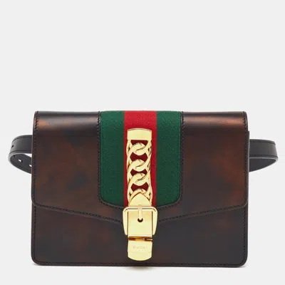 Pre-owned Gucci Black Leather Web Chain Sylvie Belt Bag