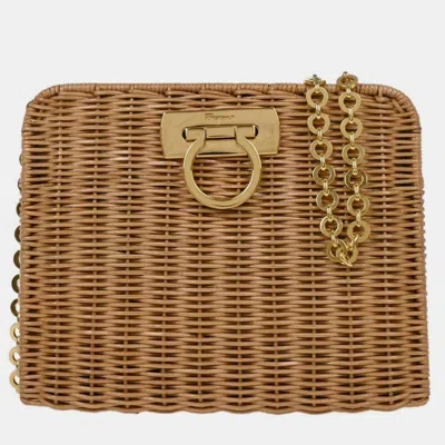 Pre-owned Ferragamo Beige Rattan Gancini Shoulder Bag In Sand