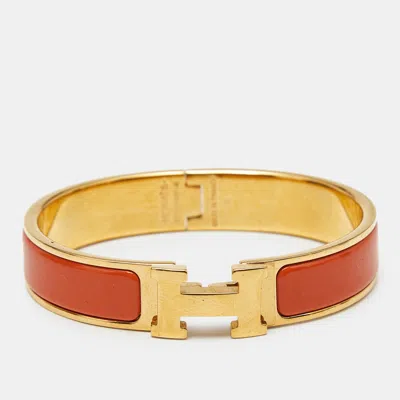 Pre-owned Hermes Hermès Clic H Orange Enamel Gold Plated Bracelet