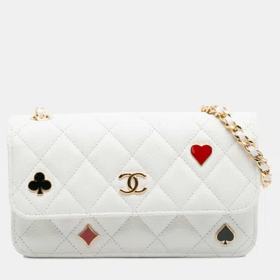 Pre-owned Chanel White Quilted Caviar Coco Casino Phone Holder On Chain