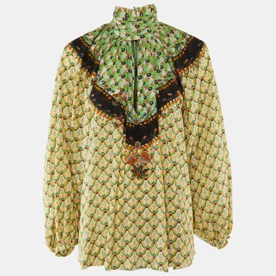 Pre-owned Etro Green/beige Floral Print Silk Flared Blouse S