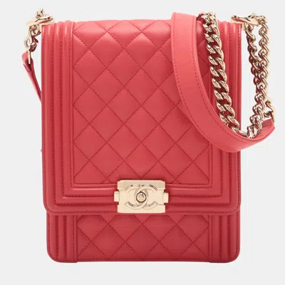 Pre-owned Chanel Red Quilted Lambskin North South Boy Flap