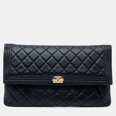 Pre-owned Chanel Black Quilted Lambskin Boy Foldover Clutch