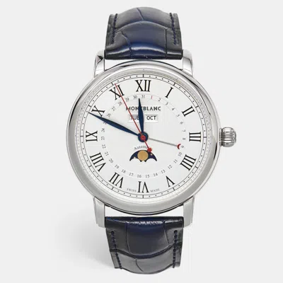 Pre-owned Montblanc Star Legacy Full Calendar M129178 Silver Dial Stainless Steel Alligator Leather Men's Wristwatch 42  In Blue