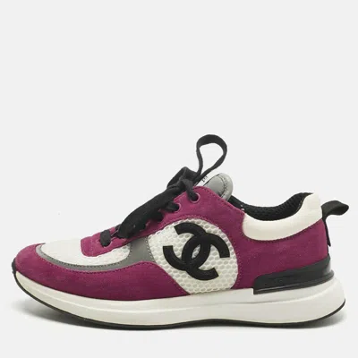 Pre-owned Chanel Purple/purple Suede And Mesh Cc Lace Up Sneakers Size 38