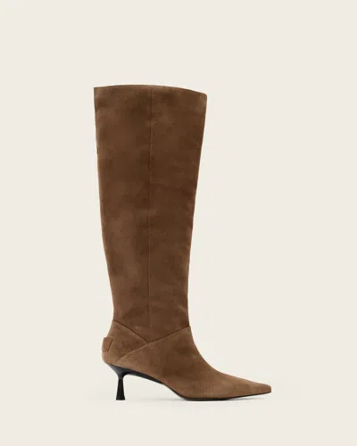 Allsaints Leather Odyssey Knee High Suede Boots In Brown
