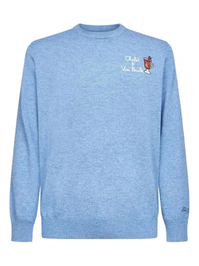 Mc2 Saint Barth Light Blue Ribbed Crewneck Sweatshirt With Embroidered Design In Blue