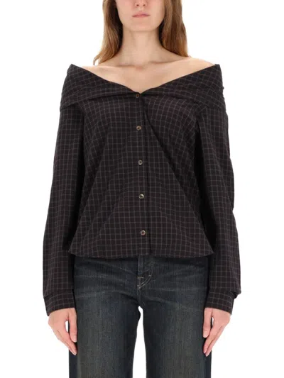 Our Legacy Off-the-shoulder Black Shirt With Subtle Grid Pattern In Black